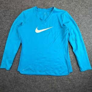 Nike Dri-FIT V-Neck Shirt Women Large Blue Long Sleeve Swoosh 396307-494 (READ)